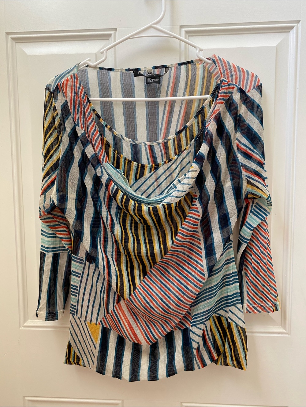 Yansi Fugel Multi-Striped Draped Neck Blouse in Blue, Yellow, Red, Cream